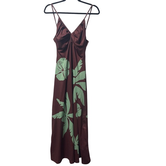 Brown Maxi Dress‎ Green Floral Sleeveless V Neck Summer Vacation - Picture 1 of 4